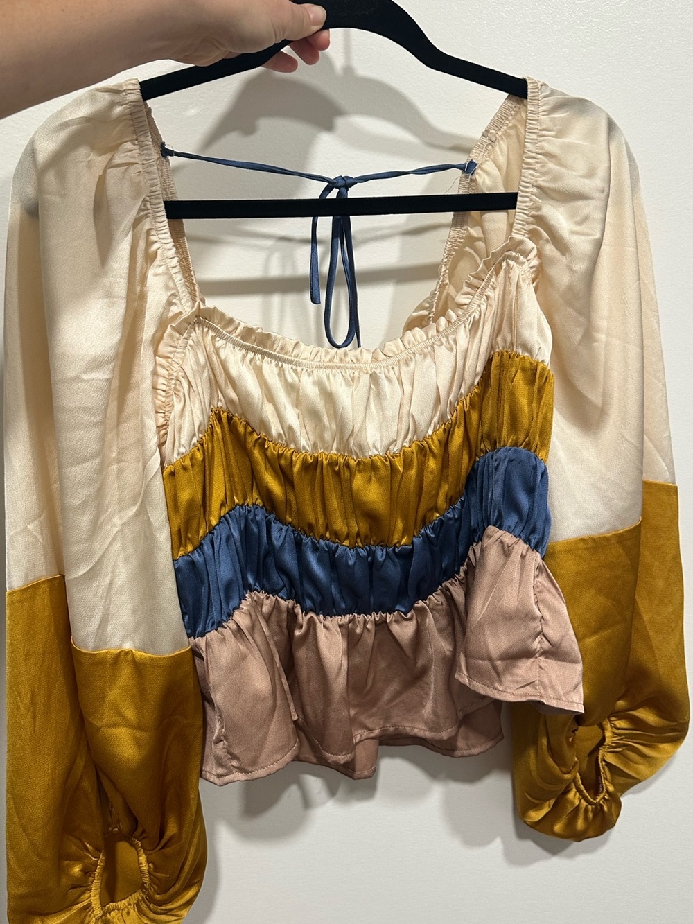 Vici Colorblock Peasant Blouse in Cream, Mustard & Dusty Blue